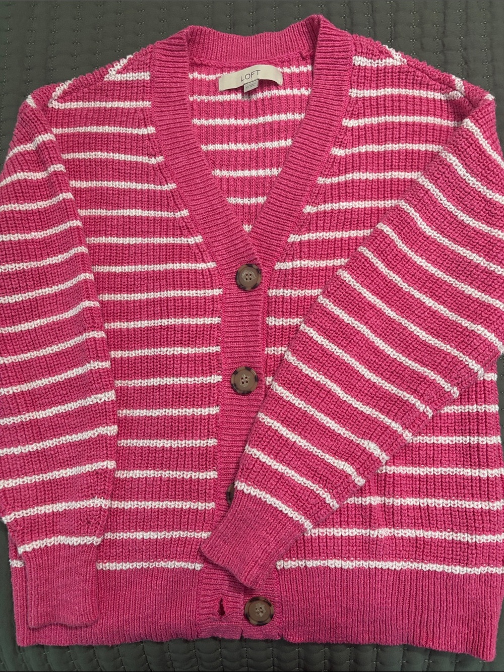 LOFT Bubblegum Pink & White Striped V-Neck Button Cardigan